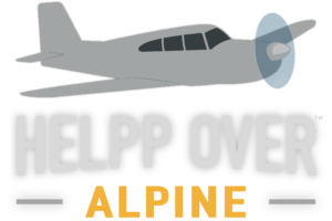 HELPP OVER ALPINE logo with plane on top