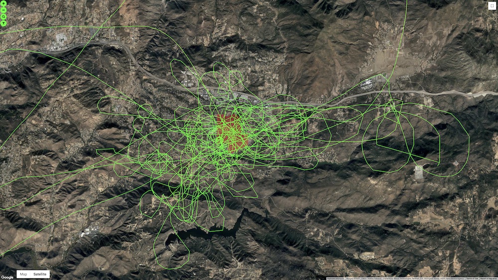 Satellite view of Alpine with an abundance of green curves displaying the plane N733UC practice flight.